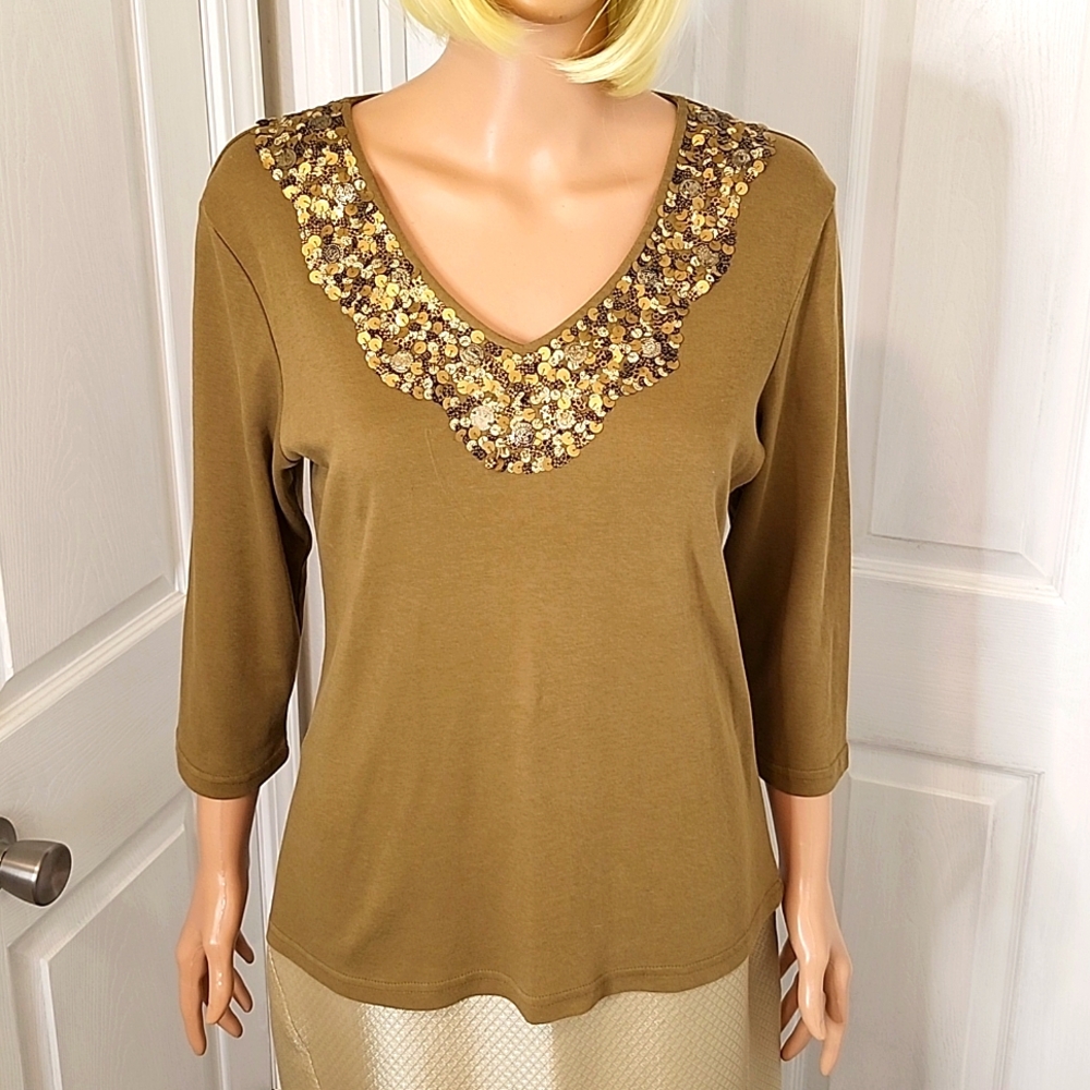 Coldwater Creek V-Neck Tan 3/4 Sleeve T-Shirt with Sequined Beaded Trim